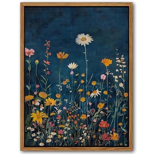 Vintage Botanical Canvas Wall Art, Moody Dark Wildflowers Painting Prints, Rustic Floral Nature Landscape Artwork, Aesthetic Wall Decor for Living Room Bedroom Hallway 12x16 inch Floating Framed - color: Dark Daisy, size: 16"L x 12"W
