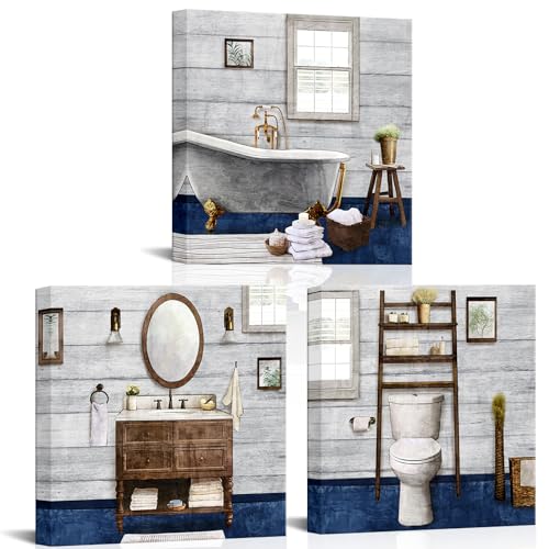 Visual Art Decor Bathroom wall Art Farmhouse Bathroom Decor Painting, Framed Canvas Wall Art 12x12inchx3Pieces (Classic Blue) - color: Classic Blue