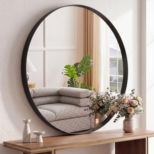 DUMOS 30-Inch Round Wall Mirror, Bathroom Wall Circle Mirror with Metal Frame, Bathroom Decor for Entryway, Living Room, Vanity, Anti-Rust, Tempered Glass, Hanging or Leaning, Black - color: Classic Black, size: 30"L x 30"W