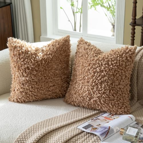 MANDIOO 2 Pieces 20x20 Inch Light Brown Faux Fur Throw Pillow Covers Boucle Decorative Sherpa Pillow Covers Thick Fuzzy Fleece Pillowcases Cushion Covers for Sofa Couch Bed Living Room - color: Light Brown, size: 20" x 20" (Pack of 2)
