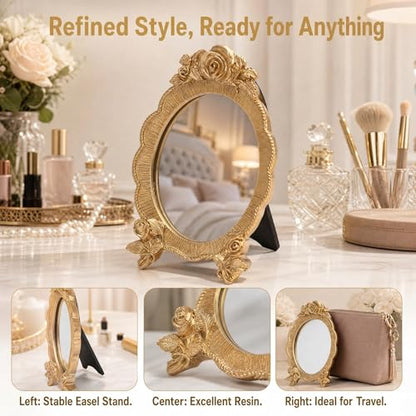 HEALLILY Oval Resin Makeup Mirror Portable European Style Handheld Cosmetic Mirror with Rose Relief Frame Lightweight for Vanity and Travel