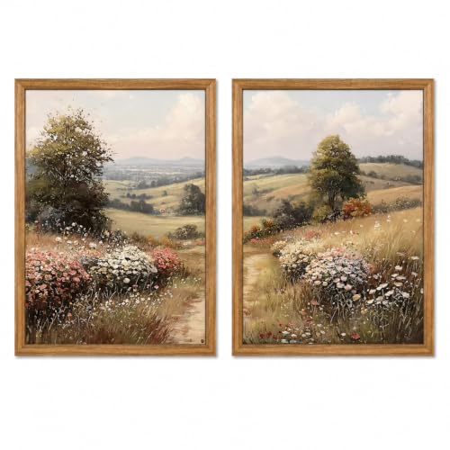 Rustic MeadowCanvas Wall Art 2Pcs Framed Farmhouse Landscape 16x12 Inch | Ready To Hang farmhouse rustic meadow landscape neutral Painting Prints Picture Poster living room bedroom bathroom entryway - color: Wildflower Meadow Landscape 02, size: 16"L x 12