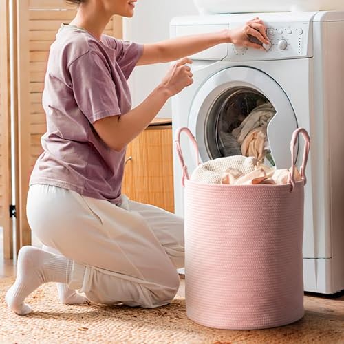 Laundry Hamper Basket, Woven Cotton Rope Blanket Basket, Nursery Storage - color: Light Pink, size: 15"D x 18"H