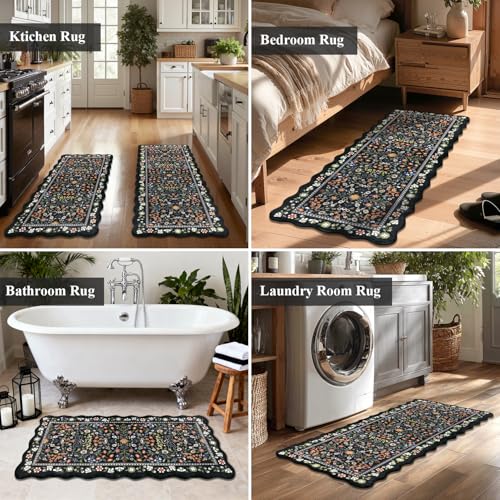 Yamaziot Boho Anti Fatigue Kitchen Rug Set of 3 Scalloped Non-Slip, Black - color: Black, size: 17.3"x29"+17.3"x35"+17.3"x47"
