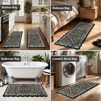 Yamaziot Boho Anti Fatigue Kitchen Rug Set of 3 Scalloped Non-Slip, Black - color: Black, size: 17.3"x29"+17.3"x35"+17.3"x47"