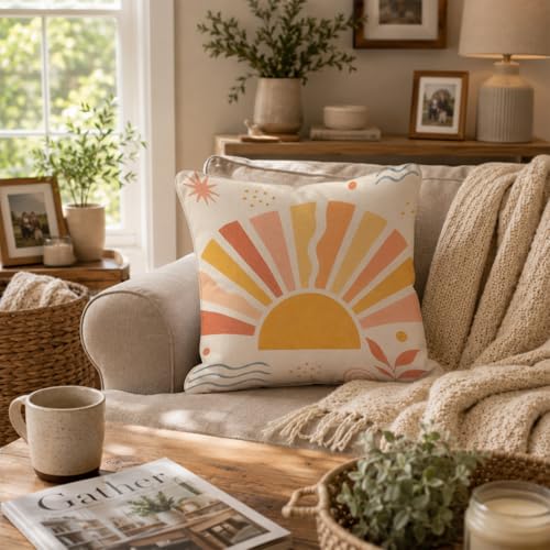 ORAFOUDUO Mid Century Abstract Sun Throw Pillow Cover 18x18 - color: Sun