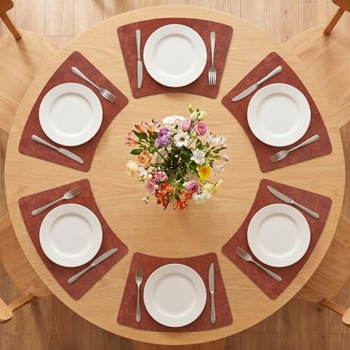 Faux Leather Set of 6, Placemats with Carving Floral Design - color: Brown