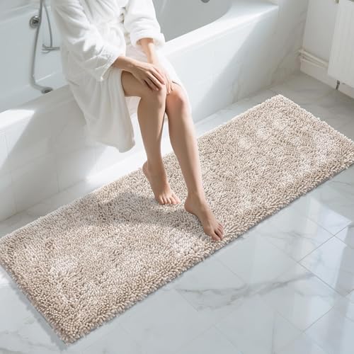 Yimobra Long Bathroom Rugs Runner 70x24 Inch, Extra Thick Soft Absorbent Chenille Bath Mat, Non Slip Machine Washable, Quick Dry Bath Rugs for Bathroom Floor, Tub and Shower, Khaki - color: Khaki, size: 70" X 24"
