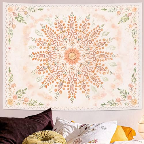 Lunerfex Floral Mandala Tapestry Boho Tapestry for Bedroom Peach Tapestries Wall Hanging Living Room Wall Art and Home Decor 60x80 - color: Orange Yellow, size: 80"L x 60"W