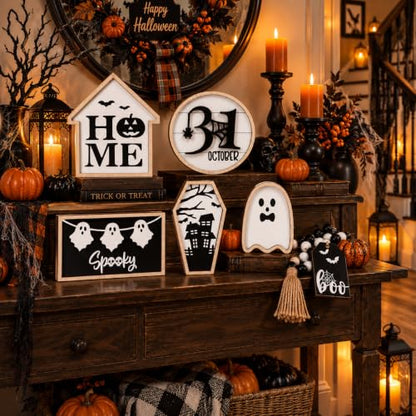 6Pcs Halloween Table Decoration Spooky Ghost Wooden Signs - color: Halloween Black Sign