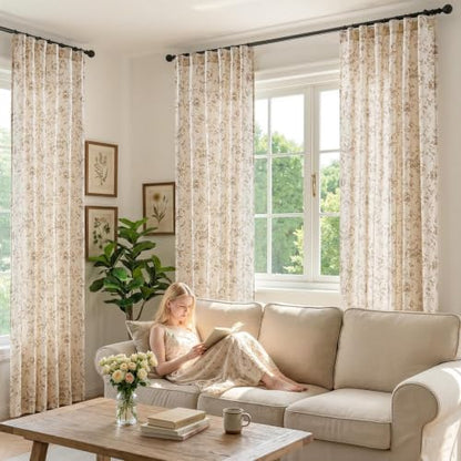 jinchan Linen Curtains 84 inch Taupe Floral Farmhouse Rod Pocket 2 Panels - color: Amlie Taupe, size: 50"W x 84"L (Pack of 2)