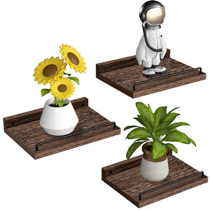 RYOFOBETTO Small Floating Shelf, 6 X 9 Inches Farmhouse Wall Shelves for Living Room, Bedroom, Picture Frames, Plants, Kitchen, Set of 3 (Brown) - color: Dark Brown, size: 9"