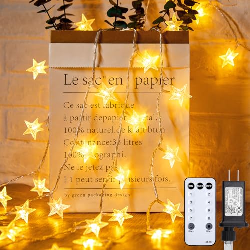 Minetom 66ft Plug in Star String Lights Plug in with Remote and Timer - color: Star - Warm White - 66 FT