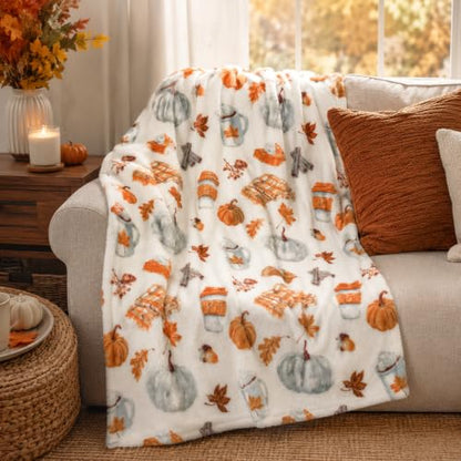 Fall Soft Fleece Throw Blanket, Pumpkin Spice Design, 50x70, Oversized - color: White Brown Tan