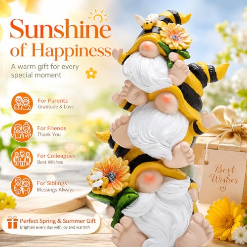 Hodao Stacked Bee Gnome Figurine Resin Sunflower Farmhouse Decor Indoor - style: Stacked Bee Gnome