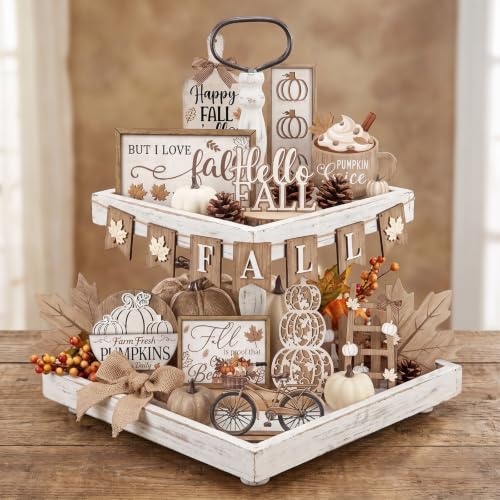 Shellwei 20 Pcs Fall Tiered Tray Decor Set, Neutral Autumn Pumpkin Sign - style: Maple Leaves
