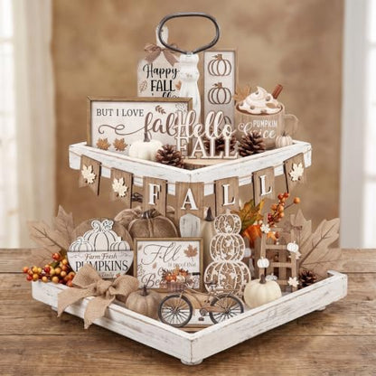 Shellwei 20 Pcs Fall Tiered Tray Decor Set, Neutral Autumn Pumpkin Sign - style: Maple Leaves