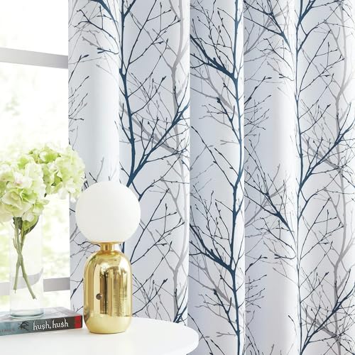 FMFUNCTEX 100% Blackout Blue Grey Tree Branch Curtains 90 Inch 2 Panels - color: Grommet | Blue, size: 52"W x 90"L (Pack of 2)
