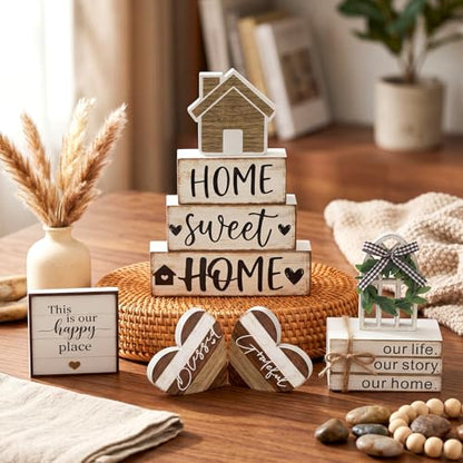 11 Pcs Farmhouse Table Decorations Farmhouse Tiered Tray Decor Set Stack Signs Wooden Heart Rustic Sweet Home Tiered Tray Decor for Kitchen Table Shelf - style: Farmhouse