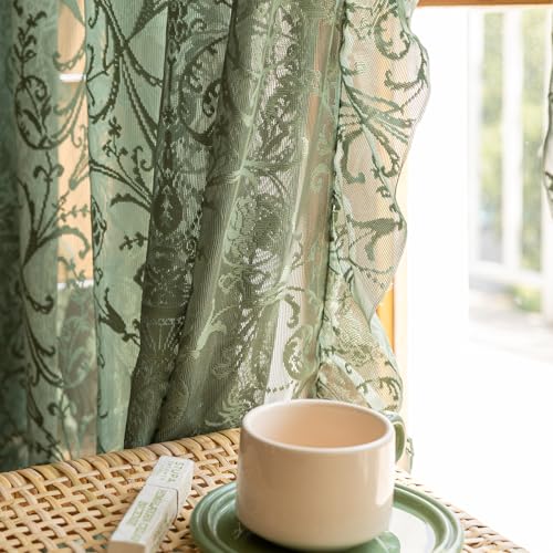 TUDECO Green Lace Curtains 96 Inch Long, Embroidered Floral Sheer 2 Panels - color: Olive Green, size: 59"W x 96"L (Pack of 2)