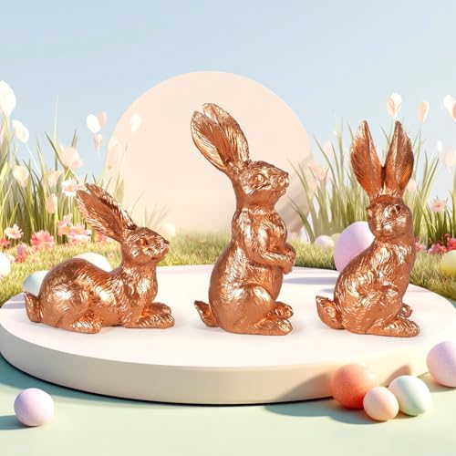 Vintage Easter Decorations for Home, Spring Decor, Gold Rabbit Figurine, Bunny Statues, Farmhouse Small Resin Bunnies (Gold Hairy sense-3PCS) - size: Small Rose Gold 3pcs