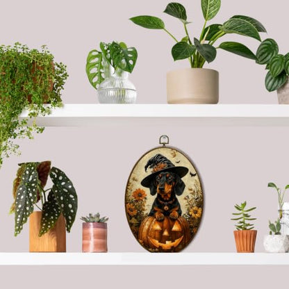 JQF Halloween Dachshund Witchy Pumpkin Oval Wall Decor Framed, 8.5x11.5 In - color: fall dog-1
