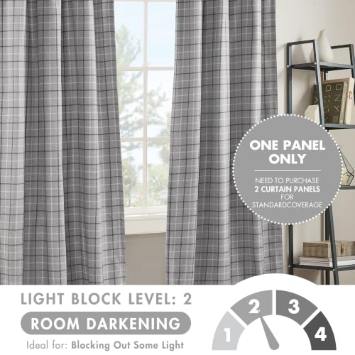 Madison Park Plaid Window Curtain, 1 Panel, 50x84 Grey, Top Tab - color: Faux Leather Tab Top, Grey, size: 50"W x 84"L (Pack of 1)