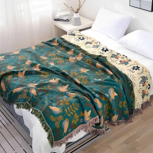 Boho Throw Blanket for Bed 100% Cotton Bohemian Blankets Ultra Soft Woven Muslin Decorative Blankets All Seasons Vintage Quilt Knitted Blanket for Sofa Chair(Blue, 60"x80") - color: A-blue, size: 60"x80"