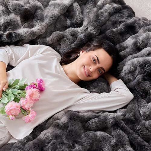 Fluffy Throw Blanket - Luxury Faux Rabbit Fur, Soft, Warm, Cozy & Fuzzy - Tie-Dyed Purple Dark Grey (King Size 108''x90'') - color: Tie-dyed Dark Grey, size: King(108''x90'')