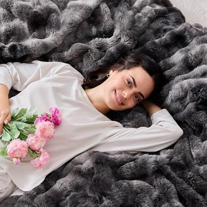 Fluffy Throw Blanket - Luxury Faux Rabbit Fur, Soft, Warm, Cozy & Fuzzy - Tie-Dyed Purple Dark Grey (King Size 108''x90'') - color: Tie-dyed Dark Grey, size: King(108''x90'')