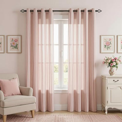 MYSKY HOME Red Striped Linen Curtains for Girls Bedroom 96 Inches 2 Panels - color: B-red, size: 52"W x 96"L (Pack of 2)