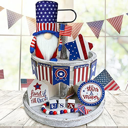 9PCS 4th of July Tiered Tray Decor, Red White and Blue Decorations Patriotic Gnome, Memorial Labour Day Wood Signs, 250th Anniversary Farmhouse Rustic Patriotic Decorations for Home - style: Patriotic
