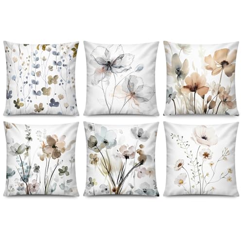 COMMINY Brown Grey Flower Pillow Covers 16x16 Set 6 Watercolor Style - color: Modern Watercolor Flower, size: 16" x 16" (Pack of 6)