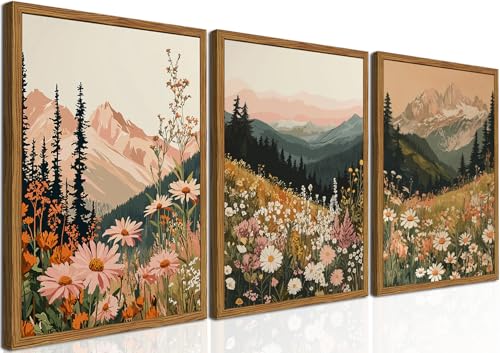 Framed Boho Colorful Wildflower Landscape Wall Art Set of 3, Vintage Floral Mountain Wall Decor Paintings, Nature Flower Pictures Canvas Prints for Living Room Bedroom Office 12x16 inch - color: Wildflower, size: 16"L x 12"W