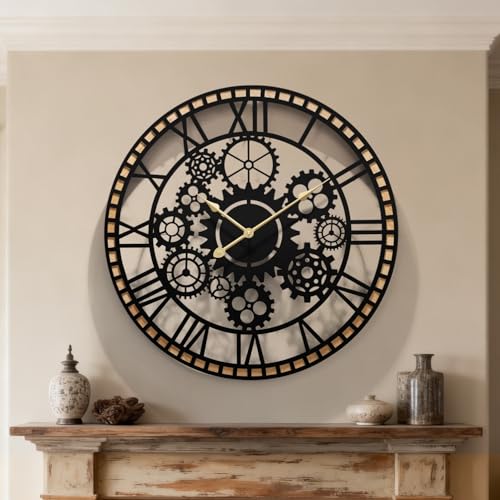 Large Wall Clocks for Living Room Decor，Industrial Gears Large Round Wall Clock 30 Inches Or Larger with Wooden Clock for Office/Living Room/Kitchen/Dining Room Decor - color: Black Industrial Gears, size: 30inch
