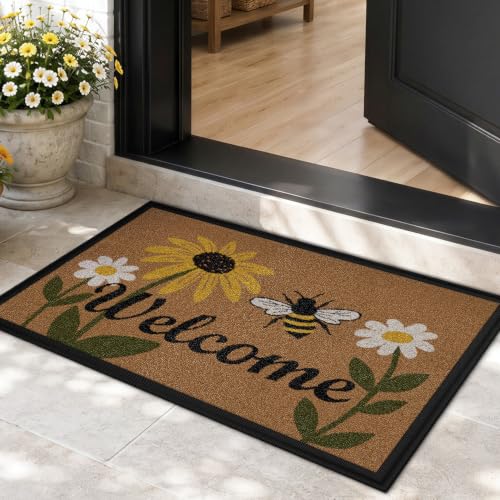 Color&Geometry Welcome Mat, 17x30 Front Door Mat Outside Entrance, Heavy Duty Non Slip Entry Mats, Entryway Doormat Dirt Trapper for Patio Garage Porch Home Decorative, Bee and Flower - color: Bee and Flower, size: 17"x30"
