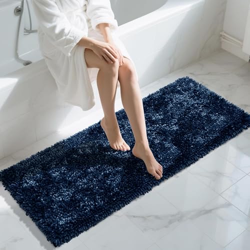 Yimobra Long Bathroom Rugs Runner 60x24 Inch, Extra Thick Soft Absorbent Chenille Bath Mat, Non Slip Machine Washable, Quick Dry Bath Rugs for Bathroom Floor, Tub and Shower, Blue - color: Blue, size: 60" X 24"