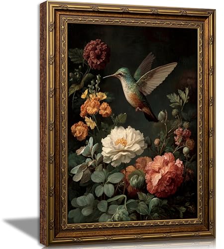 Vintage Gold Framed Wall Art, Hummingbird and Flowers Oil Painting Print, Dark Floral Botanical Decor for Living Room, Bedroom, Office, Ready to Hang - color: Hummingbird, size: 16"L x 12"W
