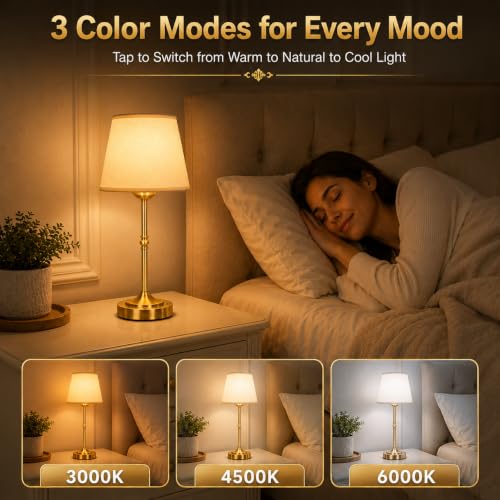Yunaking Rechargeable Gold Table Lamp: Cordless Lamp with 3 Color Dimmable