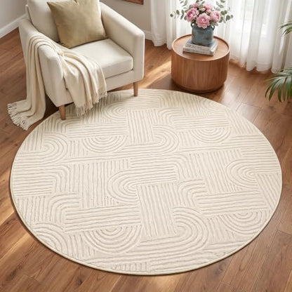 Etwel 5.2 ft Beige Geometric Textured High-Low Pile Washable Round Rug - color: Neutral Beige, size: 5'2"