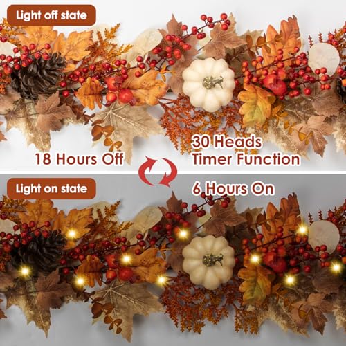 6FT Fall Garland for Mantle with Lights, Pumpkins, Pinecones, Berries - color: Brown