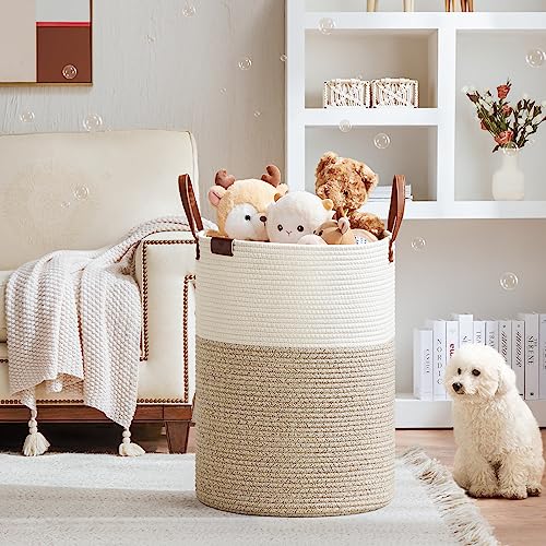 VIPOSCO 100L Tall Woven Rope Laundry Hamper, Leather Handles, White & Brown - color: Brown, size: 100L