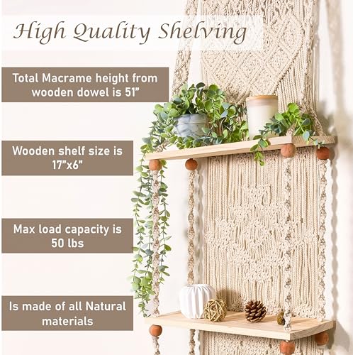 Macrame Wall Hanging Shelf 3 Tier Boho Wall Plant Hanger Shelves, Handmade of Woven Rope Boho Shelves Organizer for Living Room Bathroom Home Storage Floating Plant Rack Bohemian décor - size: Tier 3