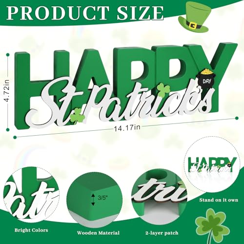 COCHIE Wooden Happy St. Patrick's Day Sign, Green Saint Patrick Decorations for Home, Office, Shelf, Mantel, Indoor, Wood Shamrock Decor, Lucky Pot of Gold Table Top Party Decoration (Green) - color: Green