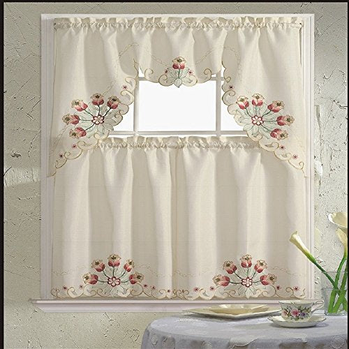 B&H Home Jackie Floral Embroidered 3-Piece Kitchen Curtain Window Treatment Set (Jackie Burgundy) - color: Jackie Burgundy