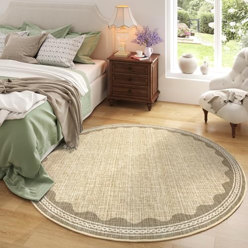 GarveeHome Scalloped Edge Circle Solid Tan Jute Digital Printing 5ft Round Rug Washable Non-Slip Soft Ultra-Thin Modern Carpet for Living Room Kitchen Bedroom Nursery Dining Room - color: Jute, size: 5' (Round)