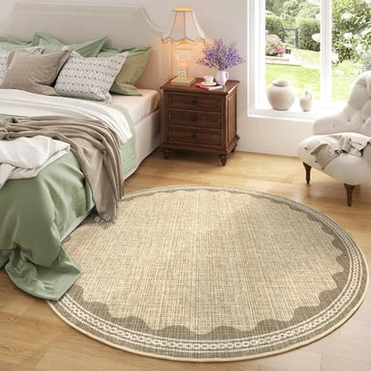 GarveeHome Scalloped Edge Circle Solid Tan Jute Digital Printing 5ft Round Rug Washable Non-Slip Soft Ultra-Thin Modern Carpet for Living Room Kitchen Bedroom Nursery Dining Room - color: Jute, size: 5' (Round)