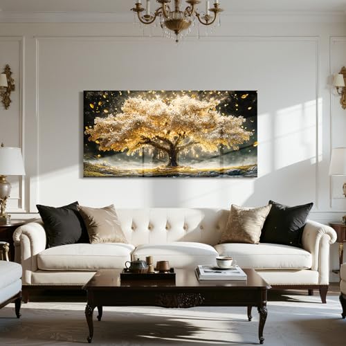 crmotu Modern Oversized Wall Art, Golden Tree Landscape Pictures 29"x57" - color: Gold and Ivory, size: 57"L x 29"W