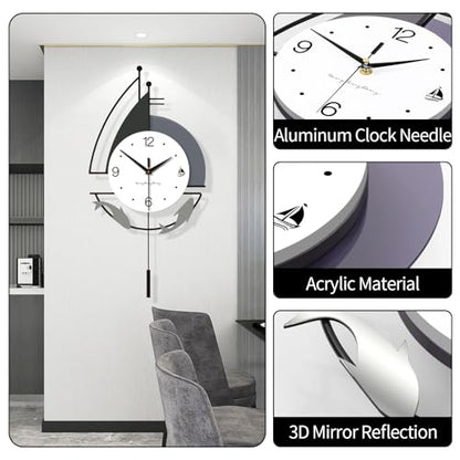 Decorative Wall Clock for Living Room, Creative Silent Non Ticking Modern Wall Clocks with Pendulum, Battery Operated, Large Wall Clock for Living Room, Kitchen, Bedroom (Black White, 36.2x18.1inch)