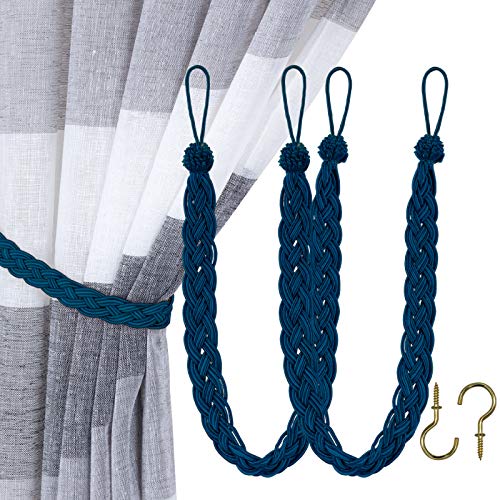 Home Queen Hand Braided Curtain Tie Back, Buckle Holdback Drapery Curtain Tiebacks, 2 Rope Belt Curtain Tie with 2 Metal Hooks, Navy - color: Navy, size: 2 Pack
